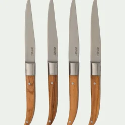 Lot de 4 couteaux à steak en inox et bois d'olivier - naturel