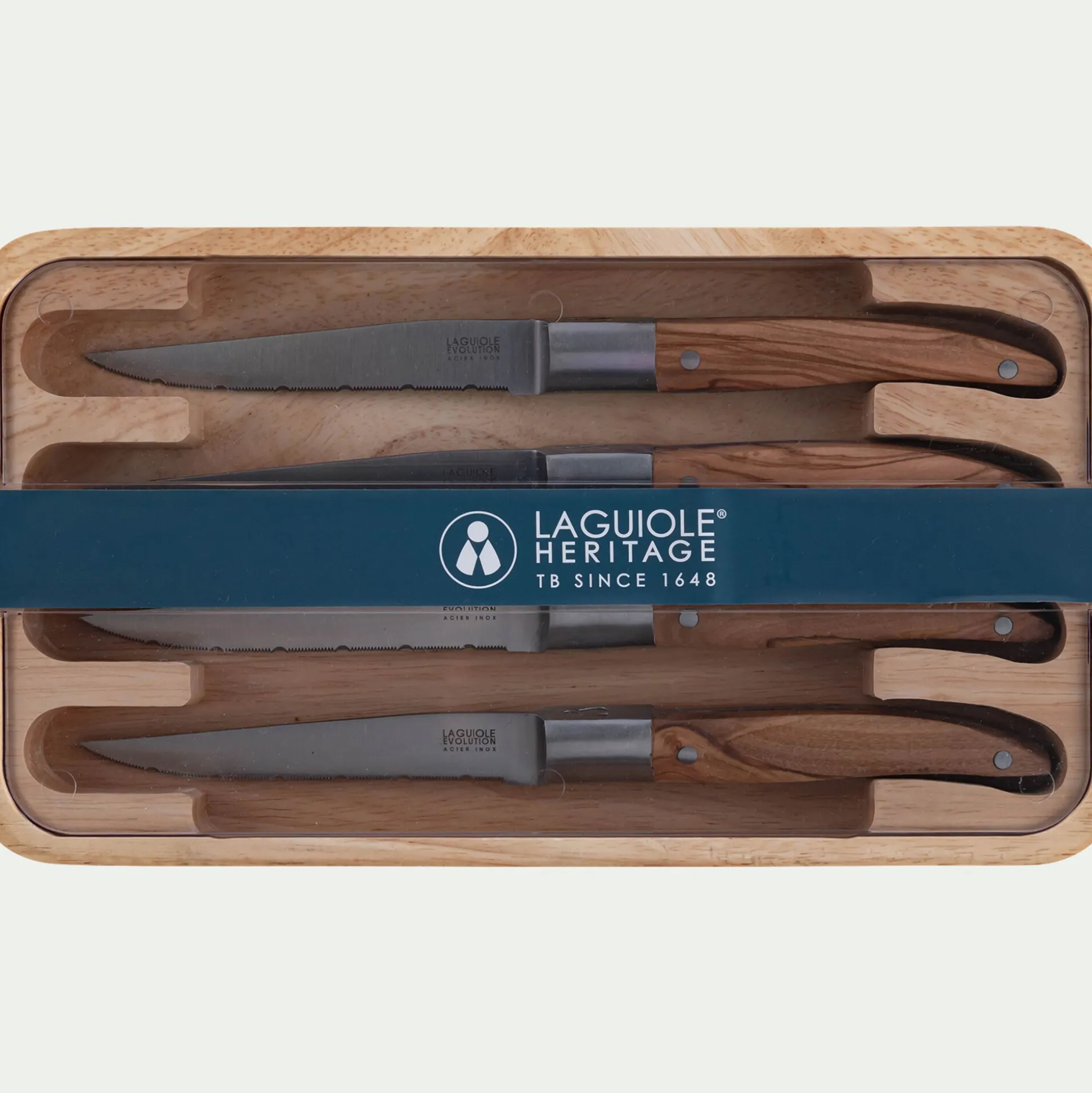 Lot de 4 couteaux à steak en inox et bois d'olivier - naturel
