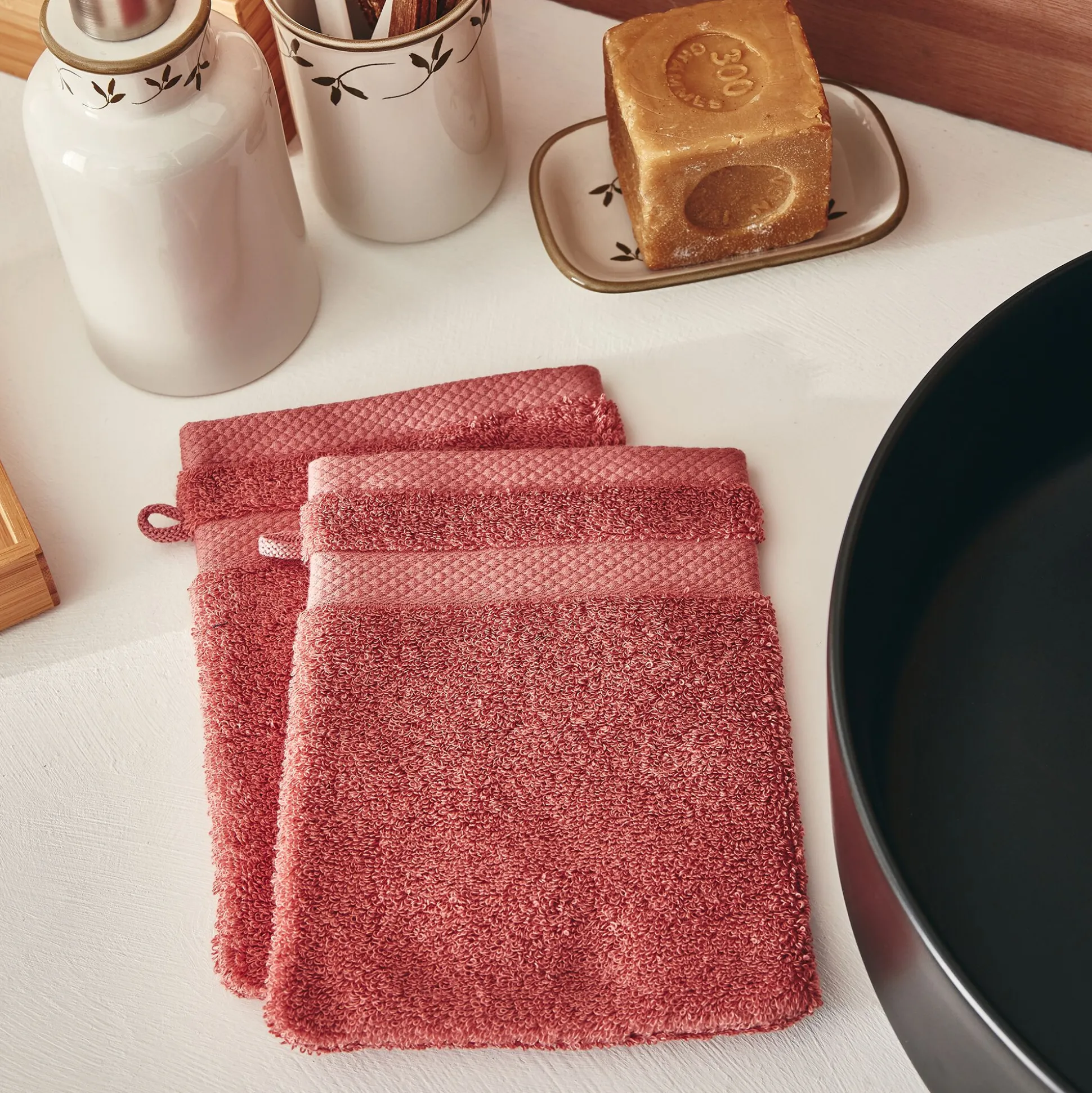 Lot de 2 gants de toilette en coton peigné - rouge ricin