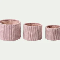 Lot de 3 paniers ronds en velours côtelé - rose