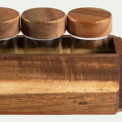 Lot de 5 pots à épices en verre avec support en acacia - transparent