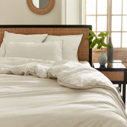 Lot de 2 taies d'oreiller en percale de coton 50x70cml avec liseré tressé beige alpilles - blanc