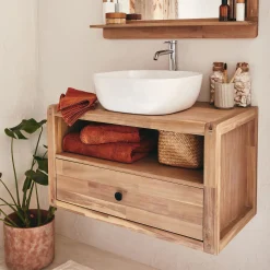 Meuble sous vasque simple mural en acacia L80cm - bois clair