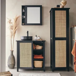 Meuble sous-vasque simple en bois de cèdre et 1 porte en cannage - L80cm