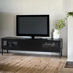 Meuble tv 4 portes en bois et verre - noir L180xl42xH51cm