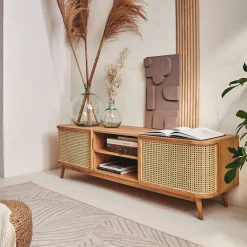 Meuble tv 2 portes en bois et cannage L160cm - bois clair