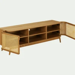 Meuble tv 2 portes en bois et cannage L160cm - bois clair