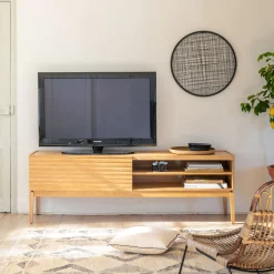 Meuble TV plaqué chêne avec porte coulissante L176cm