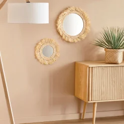 Miroir mural frange raphia D35cm - naturel