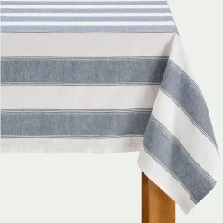 Nappe à rayures bleues en lin et coton 150x250cm - blanc
