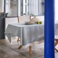 Nappe en lin et coton - bleu calaluna et naturel 170x250cm