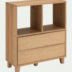 Petit buffet en bois de chêne avec 2 grands tiroirs en raphia - bois clair
