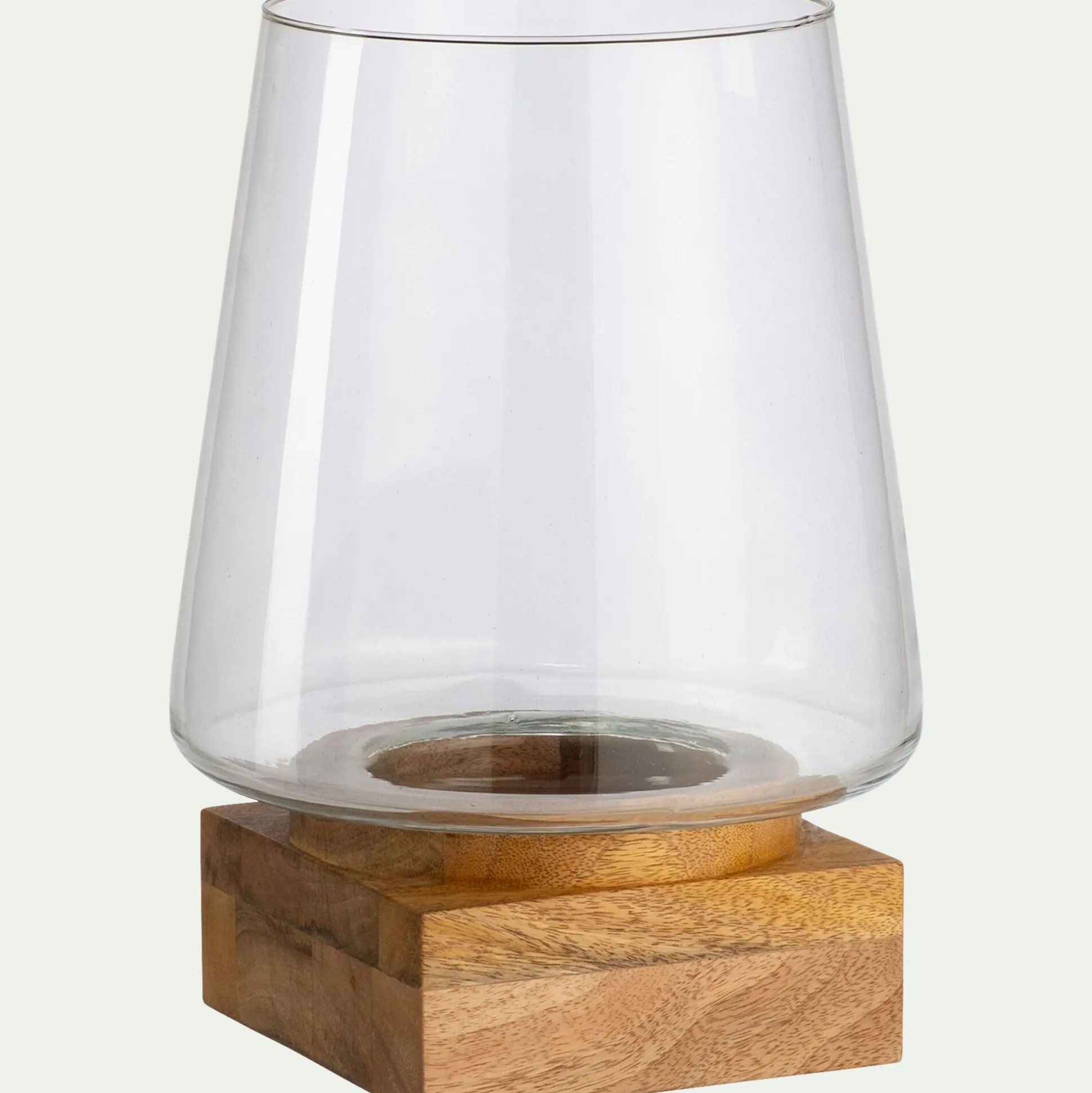 Photophore en verre et bois de manguier H30cm - naturel