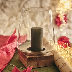 Photophore en verre et bois de manguier H30cm - naturel