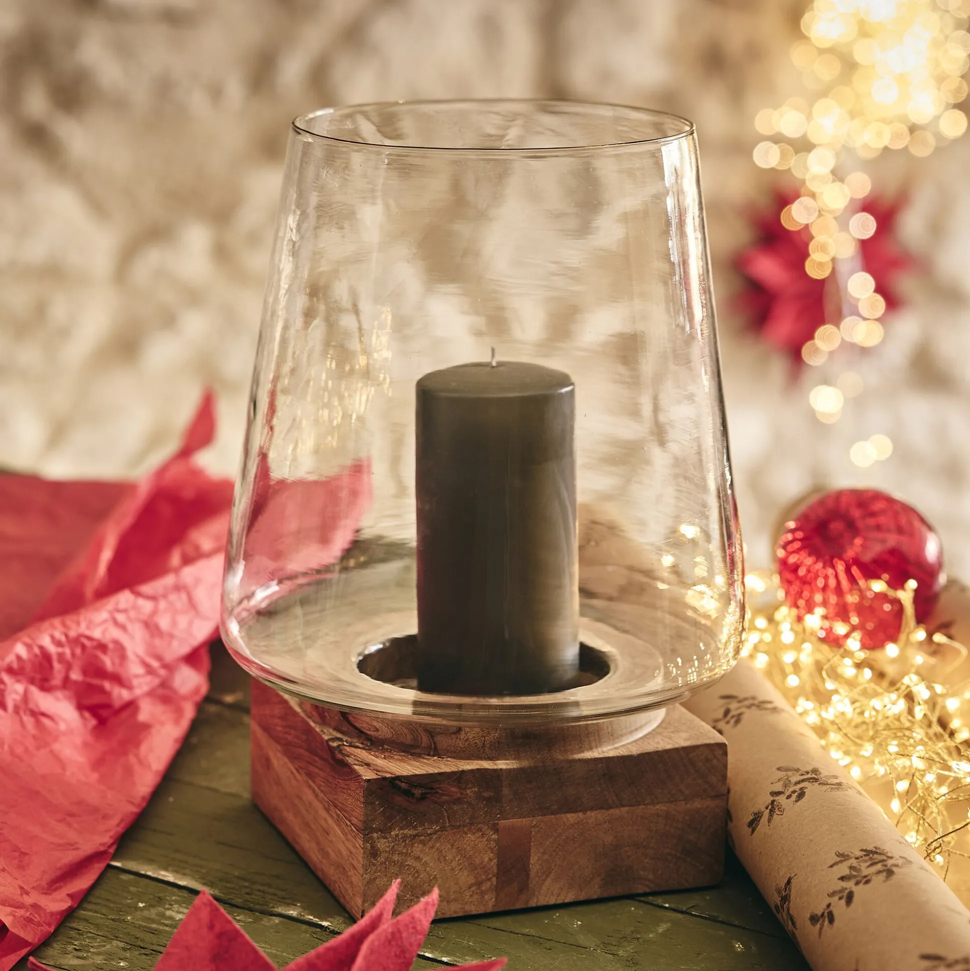 Photophore en verre et bois de manguier H30cm - naturel