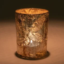 Photophore en verre motif houx D8xH10cm - doré