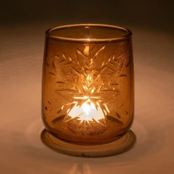 Photophore en verre motif flocons D9xH9cm - orange