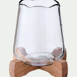 Photophore en verre sur pied en bois D17,5xH17,5cm - transparent