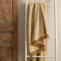 Plaid à franges et motifs en coton - jaune argan 130x170cm