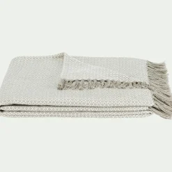 Plaid à franges et motifs en coton - beige 130x170cm