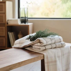 Plaid en coton et laine motif tartan finition franges 180x230cm - blanc écru