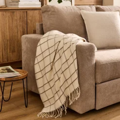 Plaid en coton et laine motif tartan finition franges 130x170cm - blanc écru