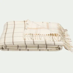Plaid en coton et laine motif tartan finition franges 130x170cm - blanc écru