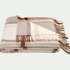 Plaid en laine et coton à carreaux finition franges 170x127cm - marron