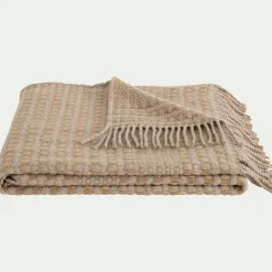 Plaid en laine recyclée à carreaux finition franges 130x170cm - marron