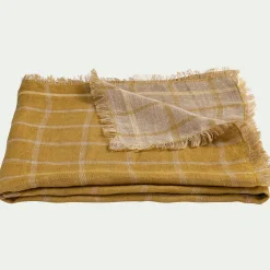 Plaid en lin lavé à carreaux finition franges 130x170cm - jaune