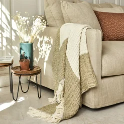 Plaid gaufré à carreaux en lin et coton 130x170cm - vert mousse