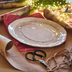 Plat de présentation ovale à motif végétal en grès L40cm - beige alpilles