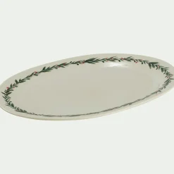 Plat ovale avec motif houx en grès L40cm - blanc