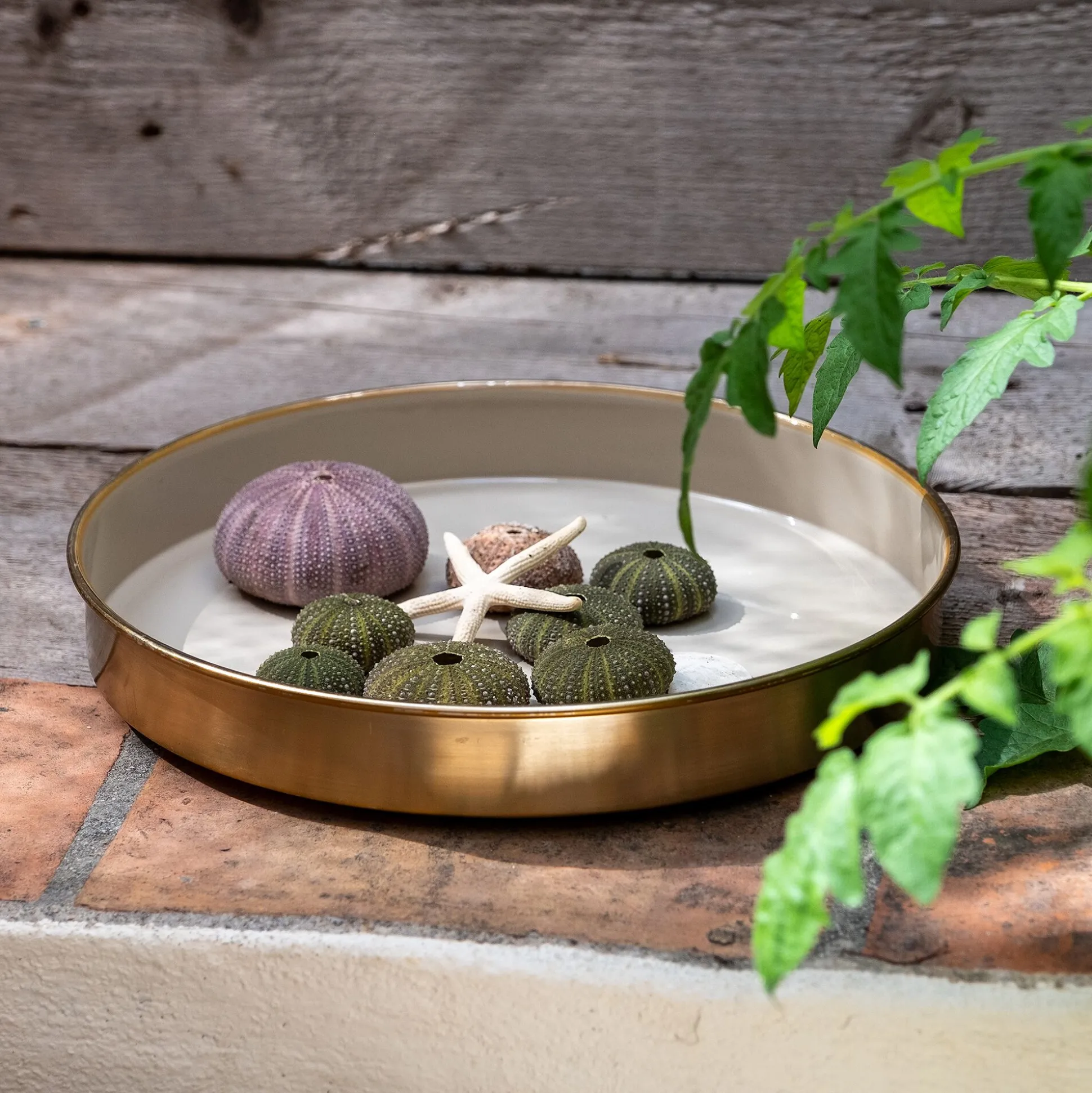 Plateau décoratif rond en fer émaillé - beige D29,5cm