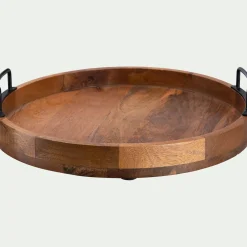 Plateau décoratif rond en bois de manguier D40cm - bois foncé