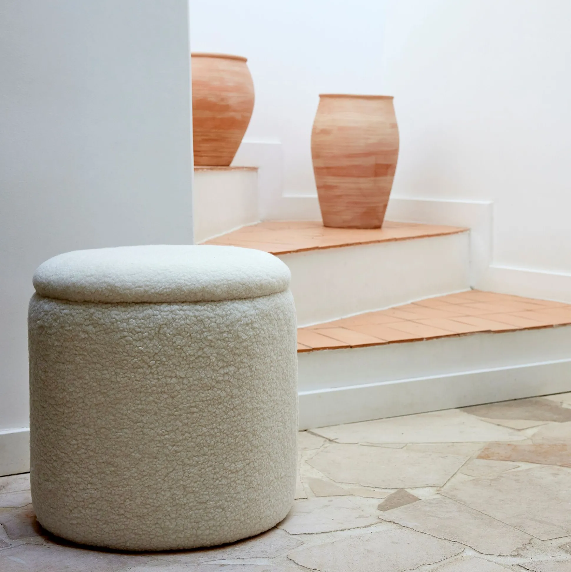 Pouf en tissu avec coffre de rangement - blanc H43cm