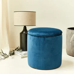 Pouf en velours avec coffre de rangement - bleu H43cm