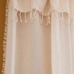 Rideau à anneaux pinces en coton finition franges 105x280cm - blanc cassé