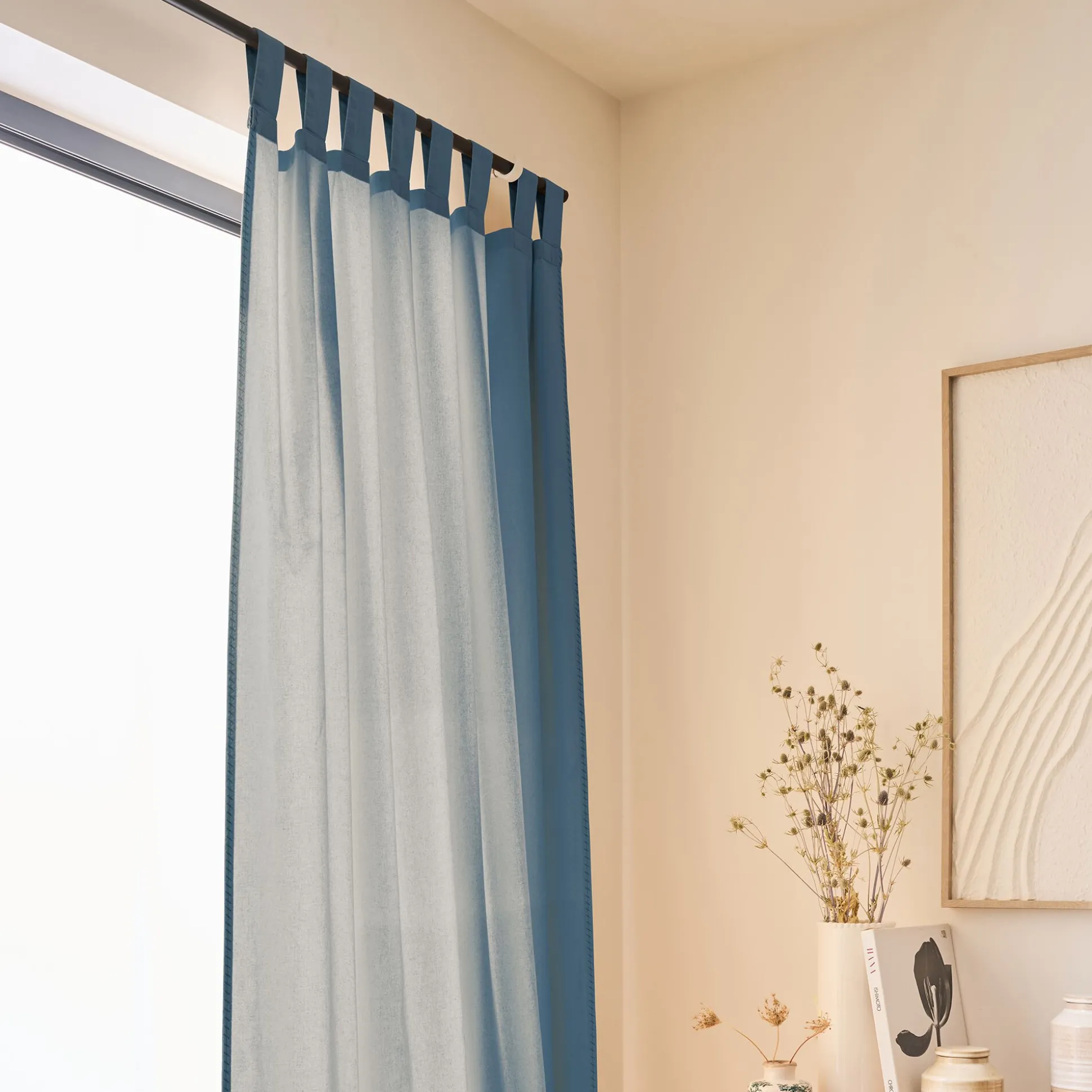 Rideau à passants en coton lavé finition couture 140x250cm - bleu cendré
