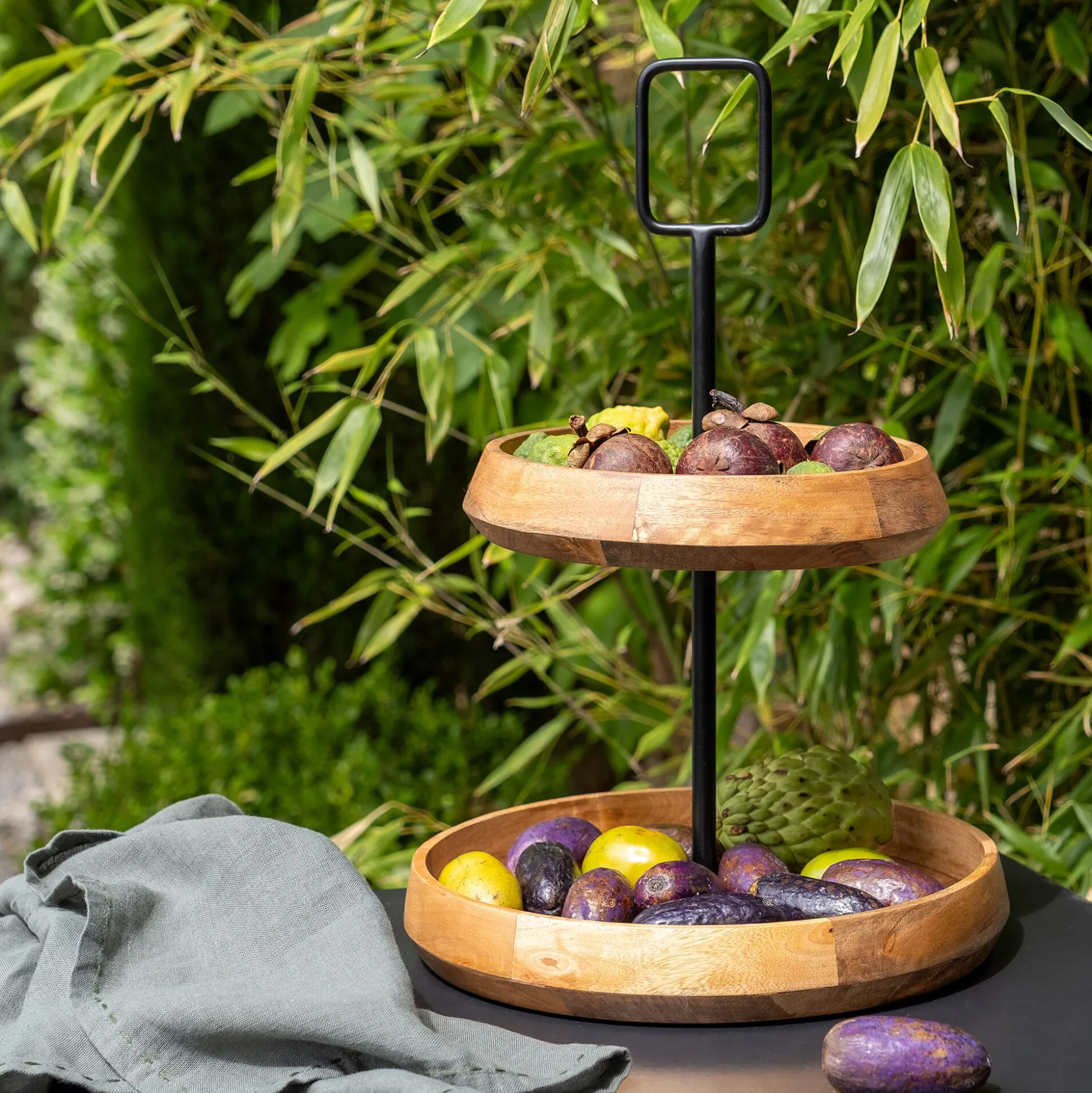 Serviteur 2 étages en bois de manguier H47cm - bois clair