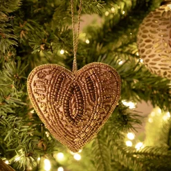 Suspension de Noël coeur en perles H10cm - doré