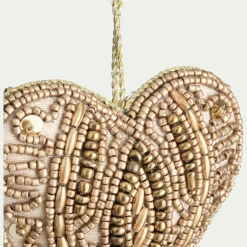 Suspension de Noël coeur en perles H10cm - doré