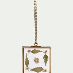 Suspension de Noël en verre et laiton avec fleurs séchées forme carrée H5,50cm - doré