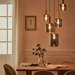 Suspension en acier à 5 globes E27 en verre fumé H218cm - noir