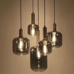 Suspension en acier à 5 globes E27 en verre fumé H218cm - noir