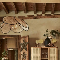 Suspension fleur électrifiée E27 en rotin D60cm - naturel