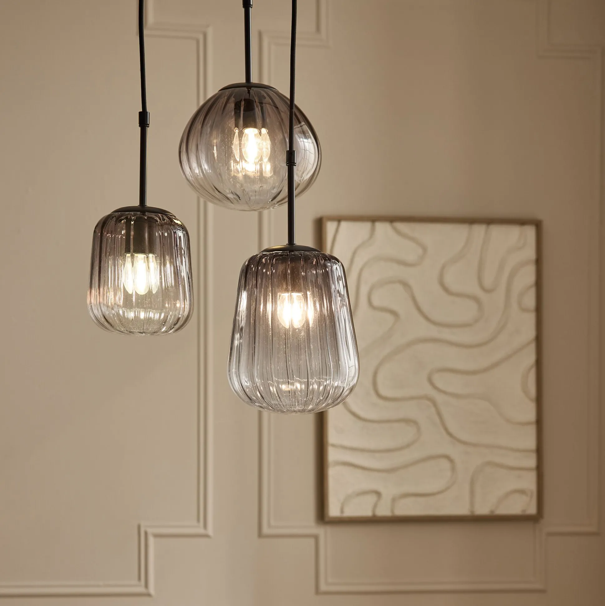 Suspension électrifiée avec 3 lampes en verre - gris