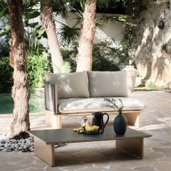 Table basse de jardin en aluminium effet bois et céramique - noir