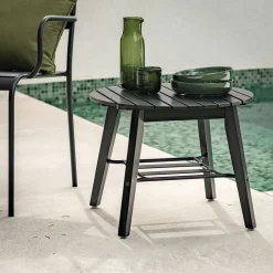 Table basse de jardin ronde en bois d'eucalyptus et aluminium - noir