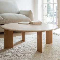 Table basse ovale en travertin et bois L115,5xl102xH37cm - beige